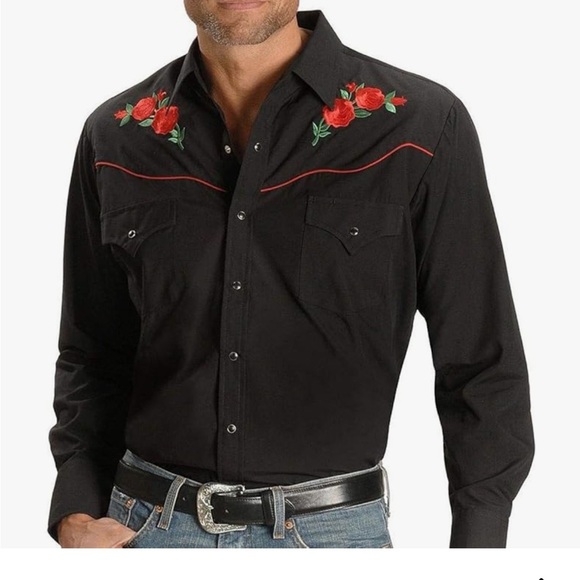 Ely Cattleman Black Shirt with Red Floral Embroidery - Picture 2 of 9